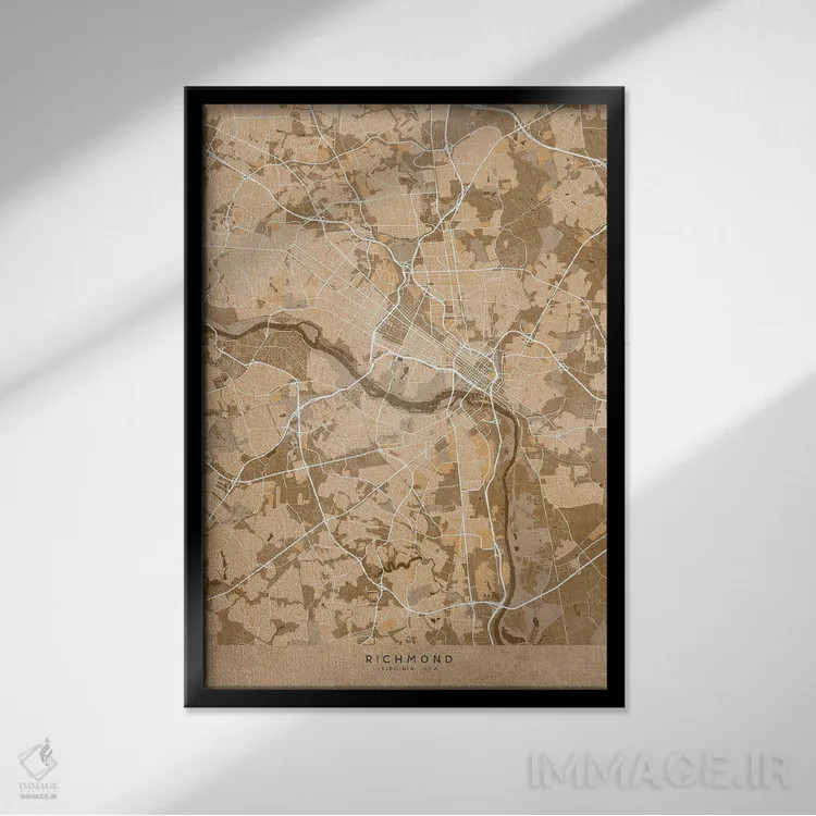 تابلو دکوراتیو USA) In Sepia Vintage Style,نقشه ریچموند به سبک سپیا وین… اثر بلرز بای ای آی - نمای قابدار مشکی