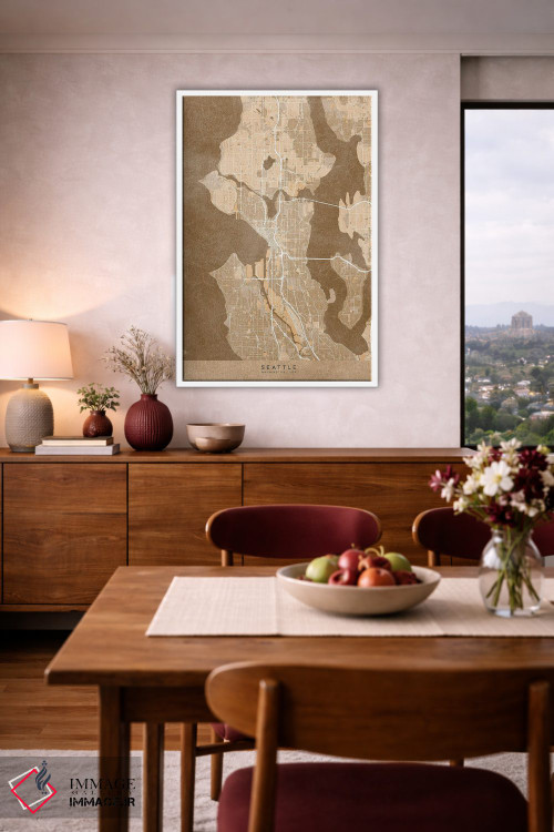 تابلو دکوراتیو USA) In Sepia Vintage Style,نقشه سیاتل به سبک سپیا وینتی… اثر بلرز بای ای آی - D3W