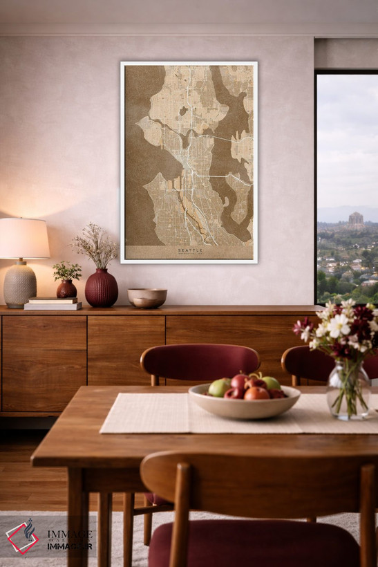 تابلو دکوراتیو USA) In Sepia Vintage Style,نقشه سیاتل به سبک سپیا وینتی… اثر بلرز بای ای آی - D3W