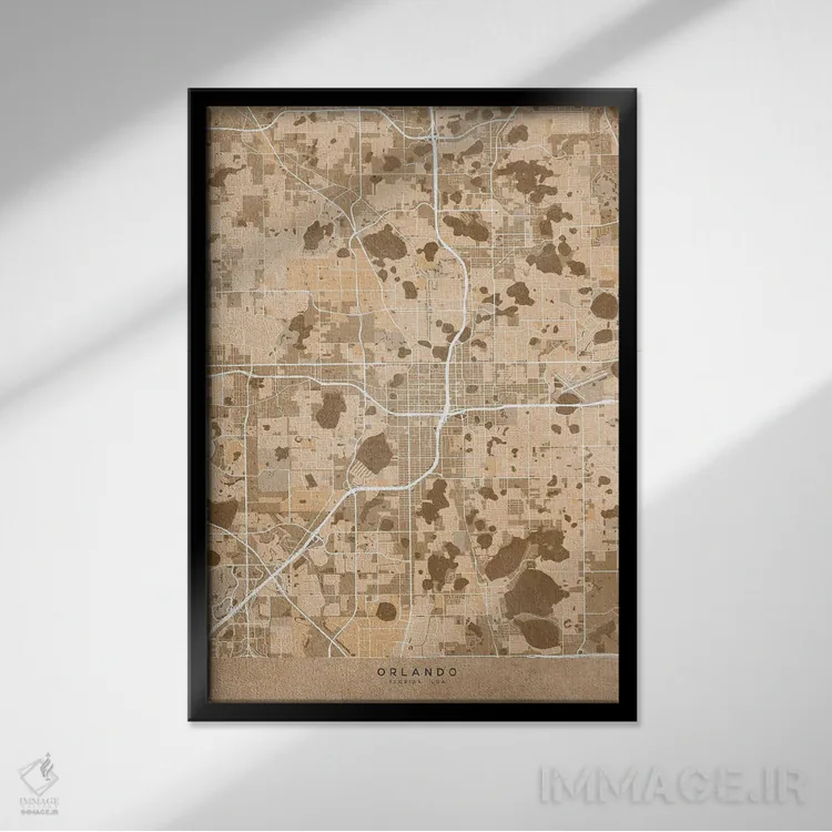 تابلو دکوراتیو USA) In Sepia Vintage Style,نقشه اورلاندو به سبک سپیا وی… اثر بلرز بای ای آی - نمای قابدار مشکی