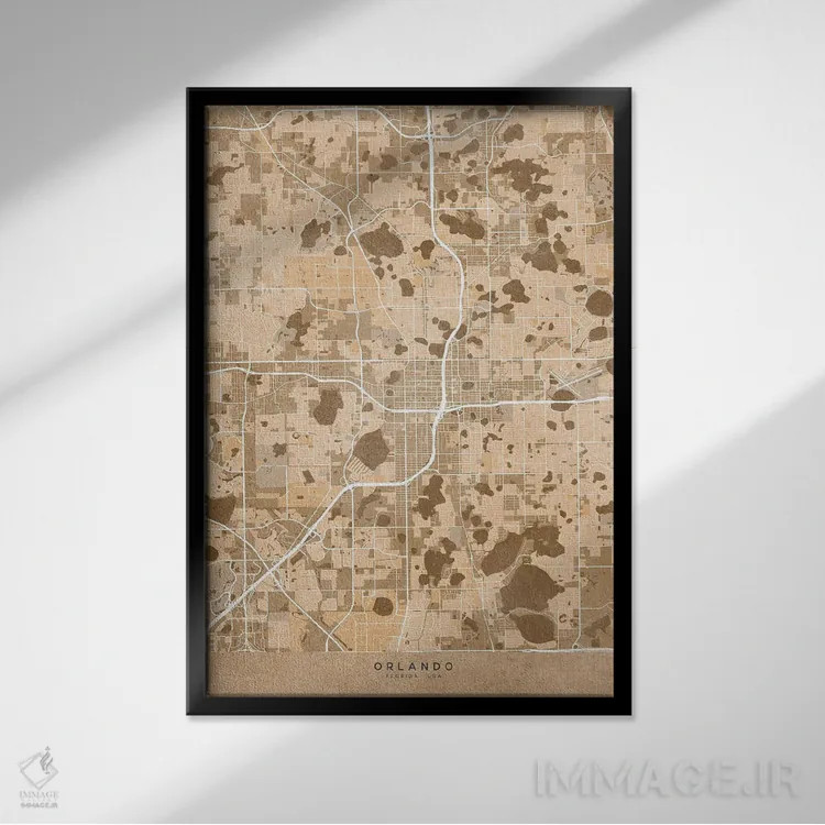 تابلو دکوراتیو USA) In Sepia Vintage Style,نقشه اورلاندو به سبک سپیا وی… اثر بلرز بای ای آی - نمای قابدار مشکی