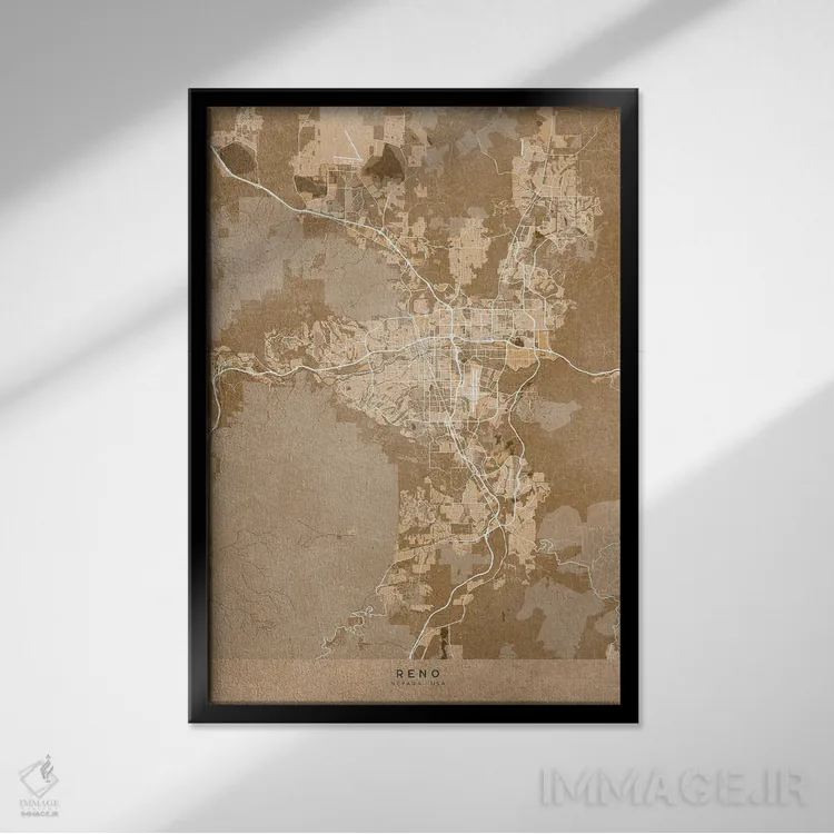 تابلو دکوراتیو USA) In Sepia Vintage Style,نقشه رینو به سبک سپیا وینتیج اثر بلرز بای ای آی - نمای قابدار مشکی