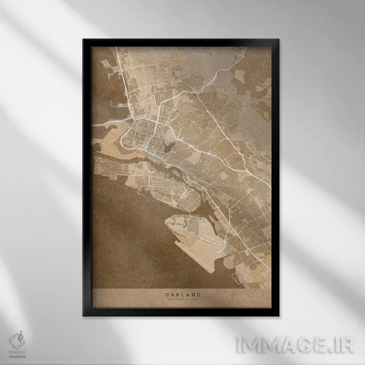 تابلو دکوراتیو USA) In Sepia Vintage Style,نقشه اوکلند به سبک سپیا وینت… اثر بلرز بای ای آی - نمای قابدار مشکی