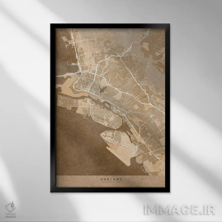 تابلو دکوراتیو USA) In Sepia Vintage Style,نقشه اوکلند به سبک سپیا وینت… اثر بلرز بای ای آی - نمای قابدار مشکی