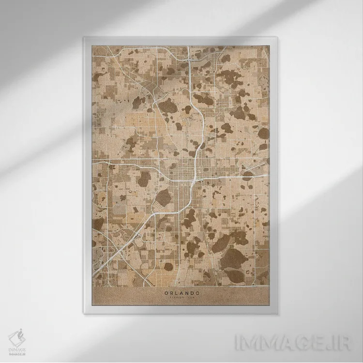 تابلو دکوراتیو USA) In Sepia Vintage Style,نقشه اورلاندو به سبک سپیا وی… اثر بلرز بای ای آی - نمای قابدار سفید