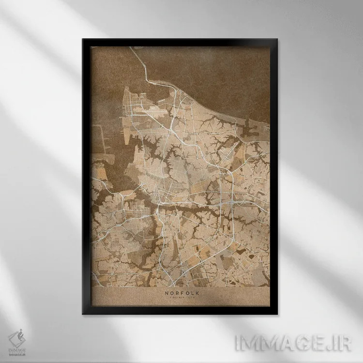 تابلو دکوراتیو USA) In Sepia Vintage Style,نقشه نورفولک به سبک سپیا وین… اثر بلرز بای ای آی - نمای قابدار مشکی