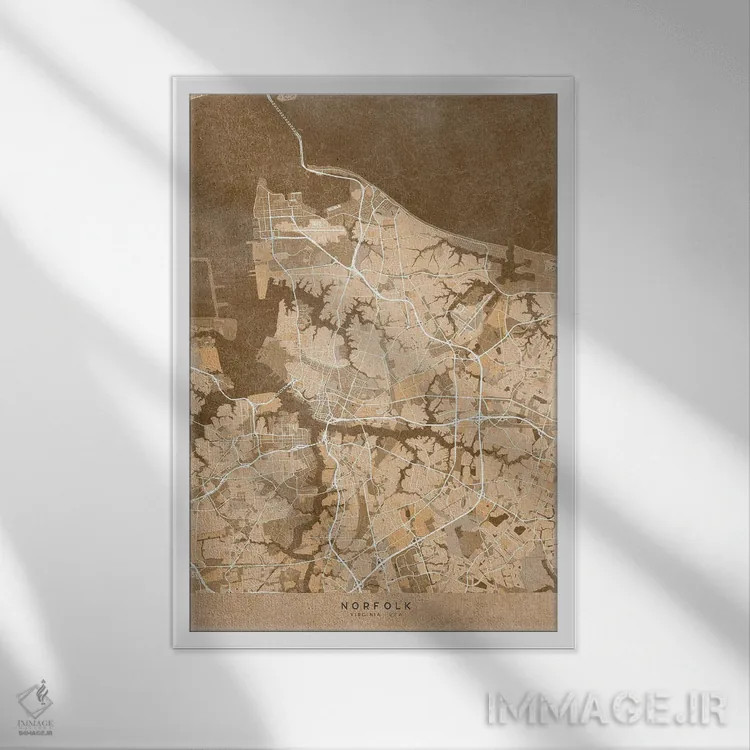 تابلو دکوراتیو USA) In Sepia Vintage Style,نقشه نورفولک به سبک سپیا وین… اثر بلرز بای ای آی - نمای قابدار سفید