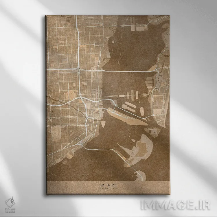 تابلو دکوراتیو USA) In Sepia Vintage Style,نقشه میامی به سبک سپیا وینتی… اثر بلرز بای ای آی - نمای روبهرو روی دیوار
