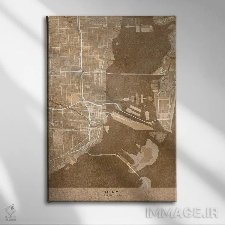تابلو دکوراتیو USA) In Sepia Vintage Style,نقشه میامی به سبک سپیا وینتی… اثر بلرز بای ای آی - نمای روبهرو روی دیوار