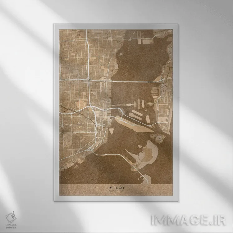 تابلو دکوراتیو USA) In Sepia Vintage Style,نقشه میامی به سبک سپیا وینتی… اثر بلرز بای ای آی - نمای قابدار سفید