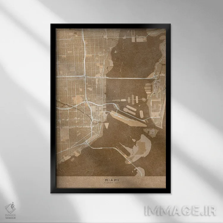 تابلو دکوراتیو USA) In Sepia Vintage Style,نقشه میامی به سبک سپیا وینتی… اثر بلرز بای ای آی - نمای قابدار مشکی