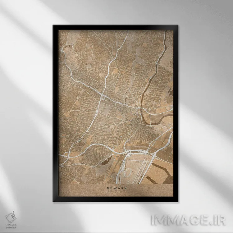 تابلو دکوراتیو USA) In Sepia Vintage Style,نقشه نیوآرک به سبک سپیا وینت… اثر بلرز بای ای آی - نمای قابدار مشکی