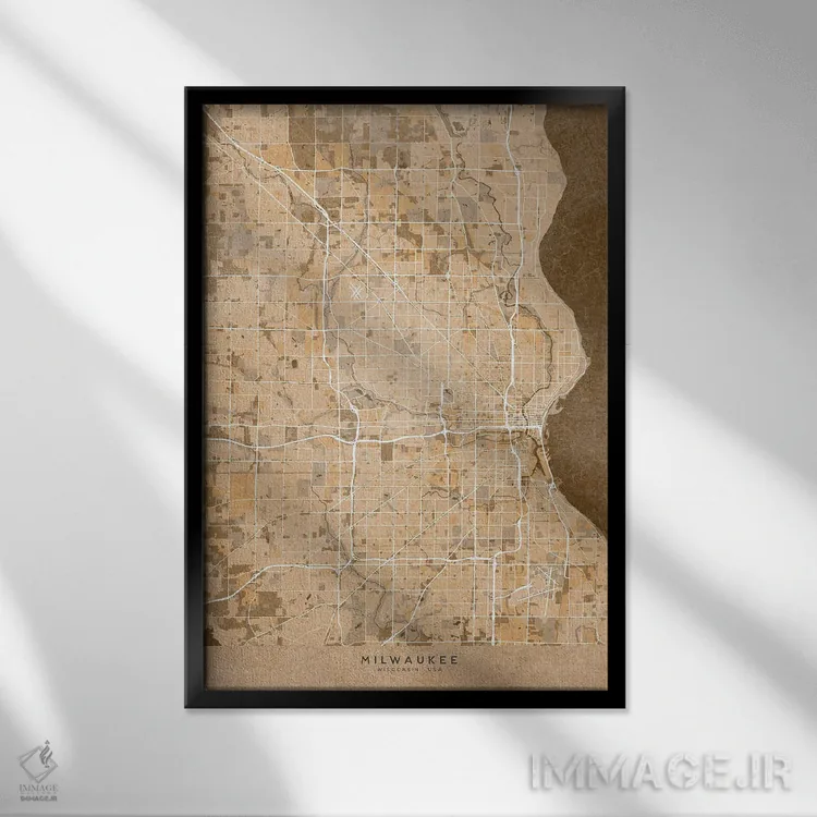 تابلو دکوراتیو USA) In Sepia Vintage Style,نقشه میلواکی به سبک سپیا وین… اثر بلرز بای ای آی - نمای قابدار مشکی