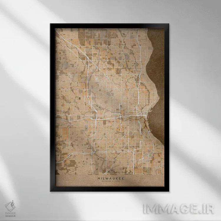 تابلو دکوراتیو USA) In Sepia Vintage Style,نقشه میلواکی به سبک سپیا وین… اثر بلرز بای ای آی - نمای قابدار مشکی