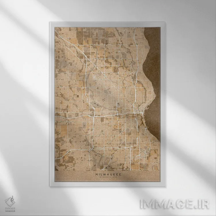 تابلو دکوراتیو USA) In Sepia Vintage Style,نقشه میلواکی به سبک سپیا وین… اثر بلرز بای ای آی - نمای قابدار سفید
