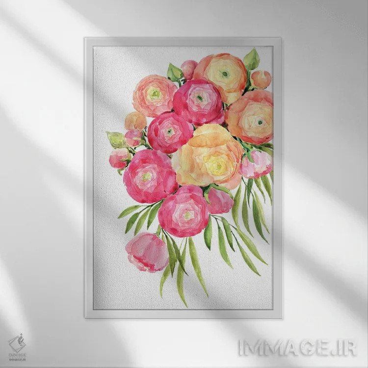 تابلو دکوراتیو دسته گل آبرنگی شقایق سان یای اثر بلرز بای ای آی - نمای قابدار سفید