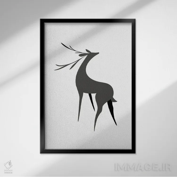 تابلو دکوراتیو گوزن رترو استیلیزه به رنگ طوسی اثر بلرز بای ای آی - نمای قابدار مشکی