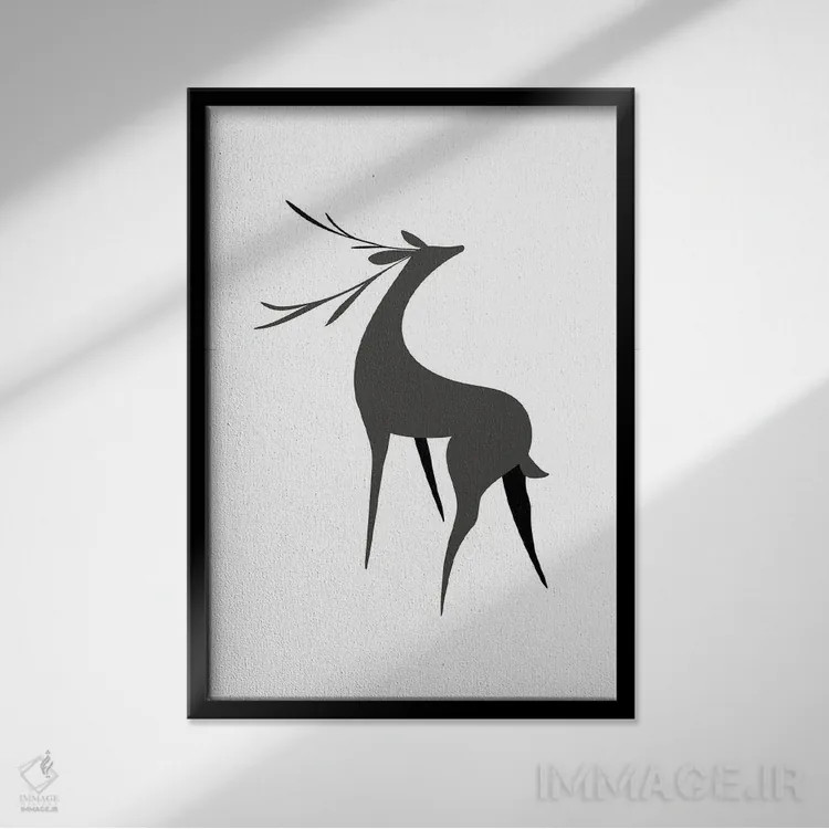 تابلو دکوراتیو گوزن رترو استیلیزه به رنگ طوسی اثر بلرز بای ای آی - نمای قابدار مشکی