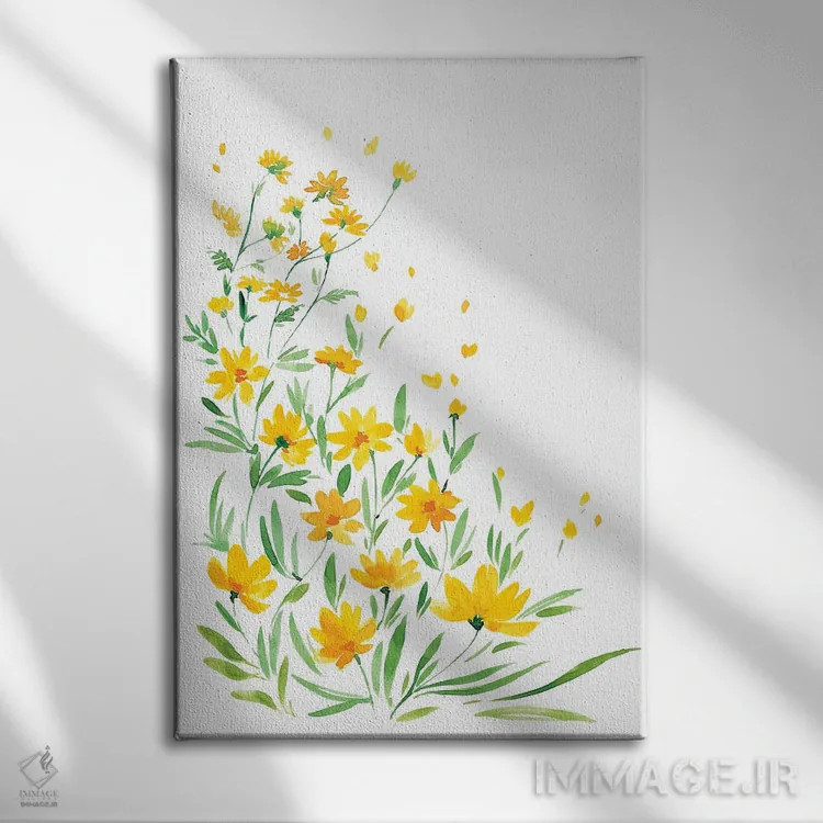 تابلو مینیمال گل های وحشی آبرنگی زرد اثر بلرز بای ای آی - نمای روبهرو روی دیوار
