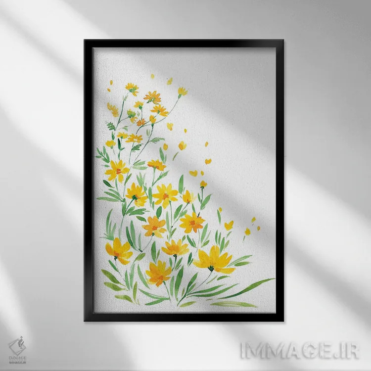 تابلو مینیمال گل های وحشی آبرنگی زرد اثر بلرز بای ای آی - نمای قابدار مشکی