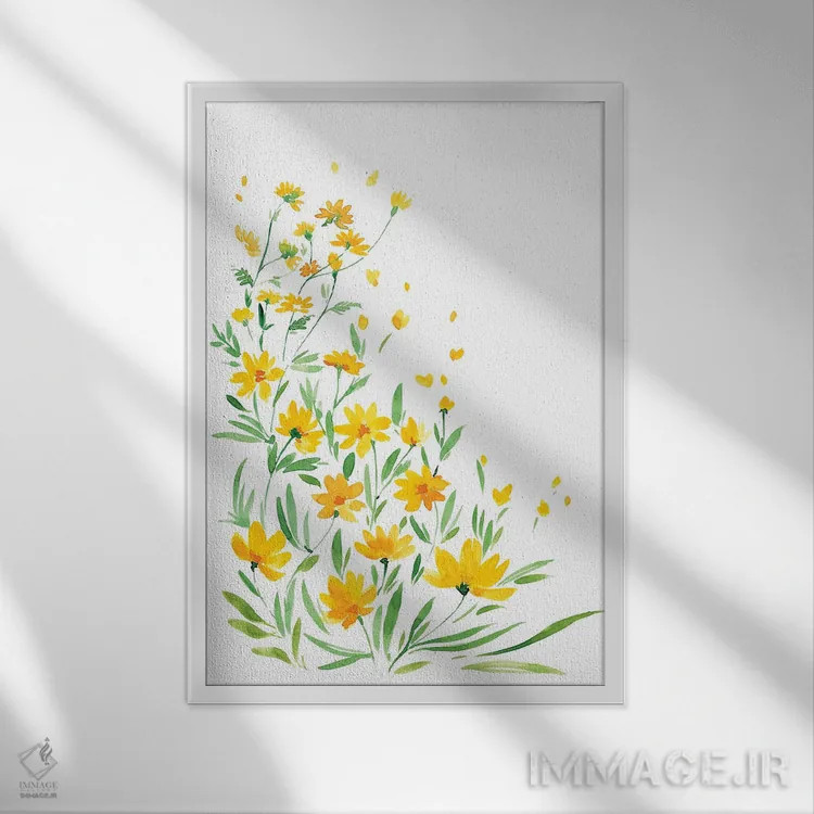 تابلو مینیمال گل های وحشی آبرنگی زرد اثر بلرز بای ای آی - نمای قابدار سفید