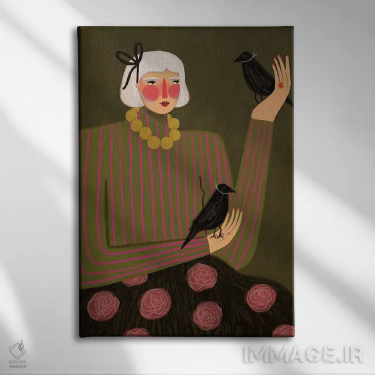 تابلو دکوراتیو بانوی کلاغ ها اثر رنه مل یا - نمای روبهرو روی دیوار