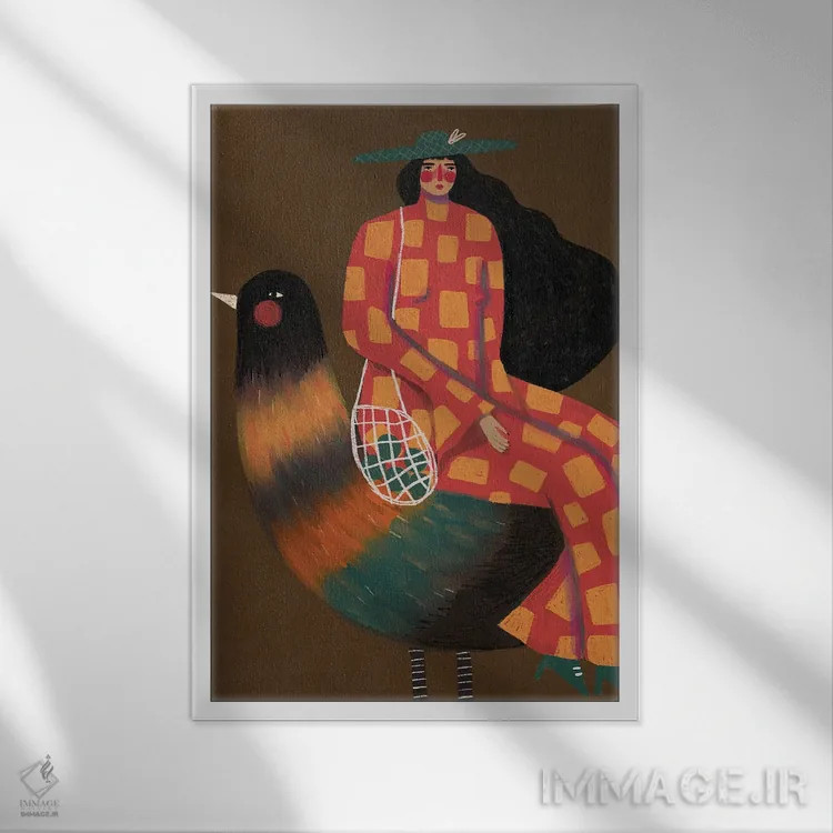 تابلو دکوراتیو دختر سوار بر پرنده اثر رنه مل یا - نمای قابدار سفید