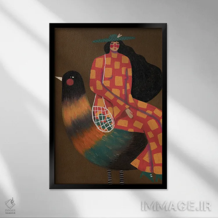 تابلو دکوراتیو دختر سوار بر پرنده اثر رنه مل یا - نمای قابدار مشکی