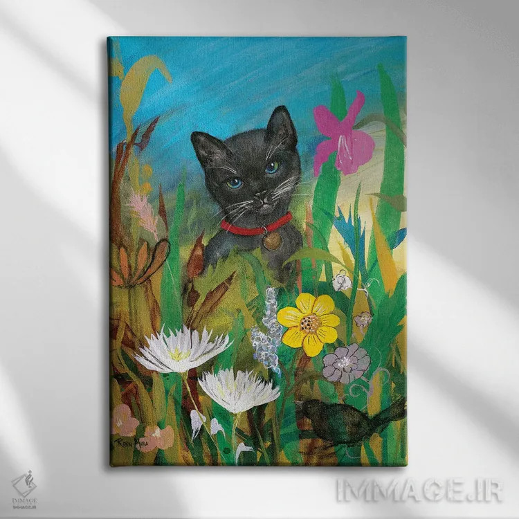 تابلو دکوراتیو گربه در باغ اثر رابین ماریا - نمای روبهرو روی دیوار
