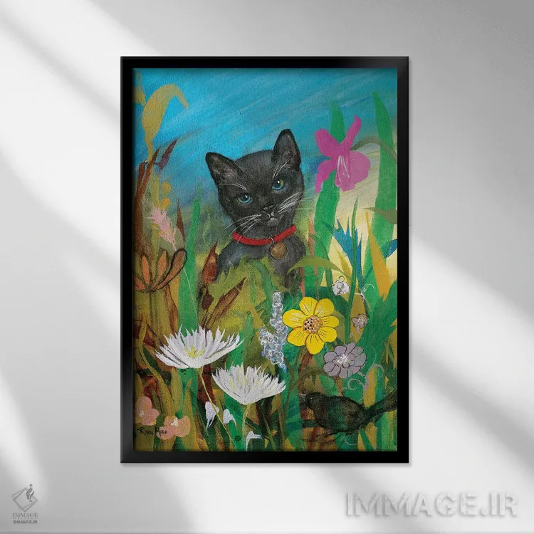 تابلو دکوراتیو گربه در باغ اثر رابین ماریا - نمای قابدار مشکی
