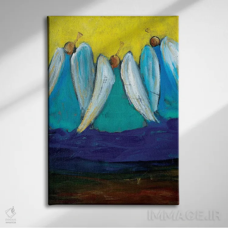 تابلو دکوراتیو سه فرشته با شیپور اثر رابین ماریا - نمای روبهرو روی دیوار