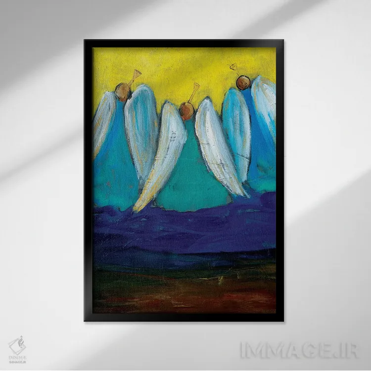 تابلو دکوراتیو سه فرشته با شیپور اثر رابین ماریا - نمای قابدار مشکی