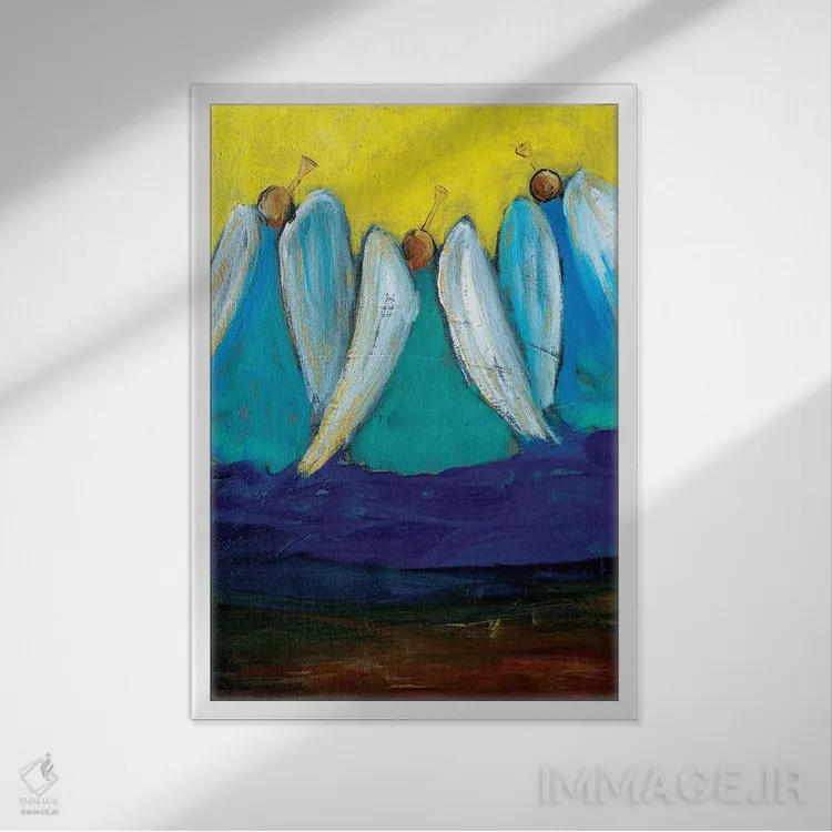 تابلو دکوراتیو سه فرشته با شیپور اثر رابین ماریا - نمای قابدار سفید