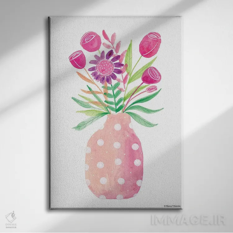 تابلو دکوراتیو گلدان صورتی زیبا اثر ریچل نیمان - نمای روبهرو روی دیوار