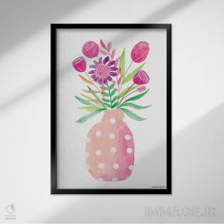 تابلو دکوراتیو گلدان صورتی زیبا اثر ریچل نیمان - نمای قابدار مشکی