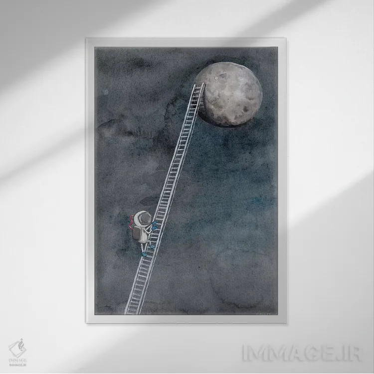 تابلو دکوراتیو نردبان به سمت ماه اثر ریچل نیمان - نمای قابدار سفید