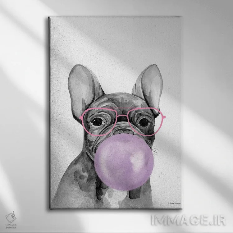 تابلو دکوراتیو توله سگ آدامس بادکنکی اثر ریچل نیمان - نمای روبهرو روی دیوار