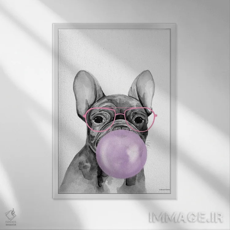 تابلو دکوراتیو توله سگ آدامس بادکنکی اثر ریچل نیمان - نمای قابدار سفید