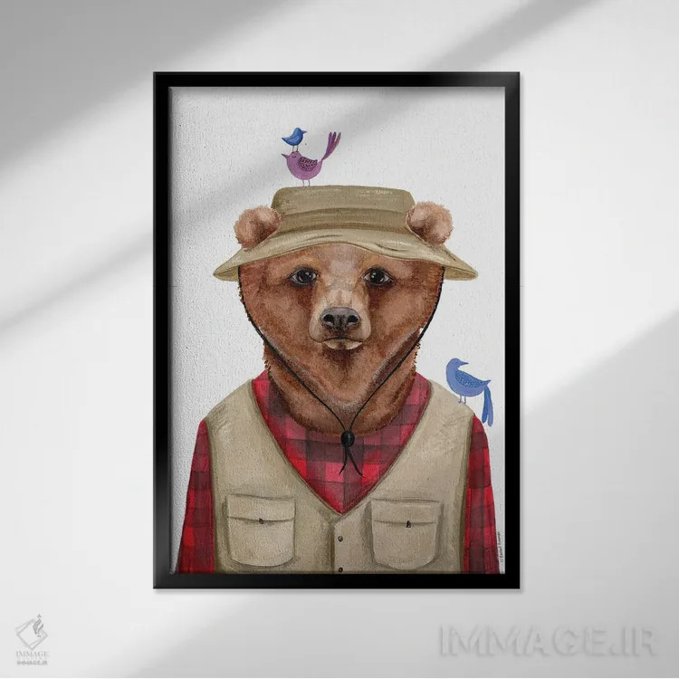 تابلو دکوراتیو خرس کمپ زننده اثر ریچل نیمان - نمای قابدار مشکی