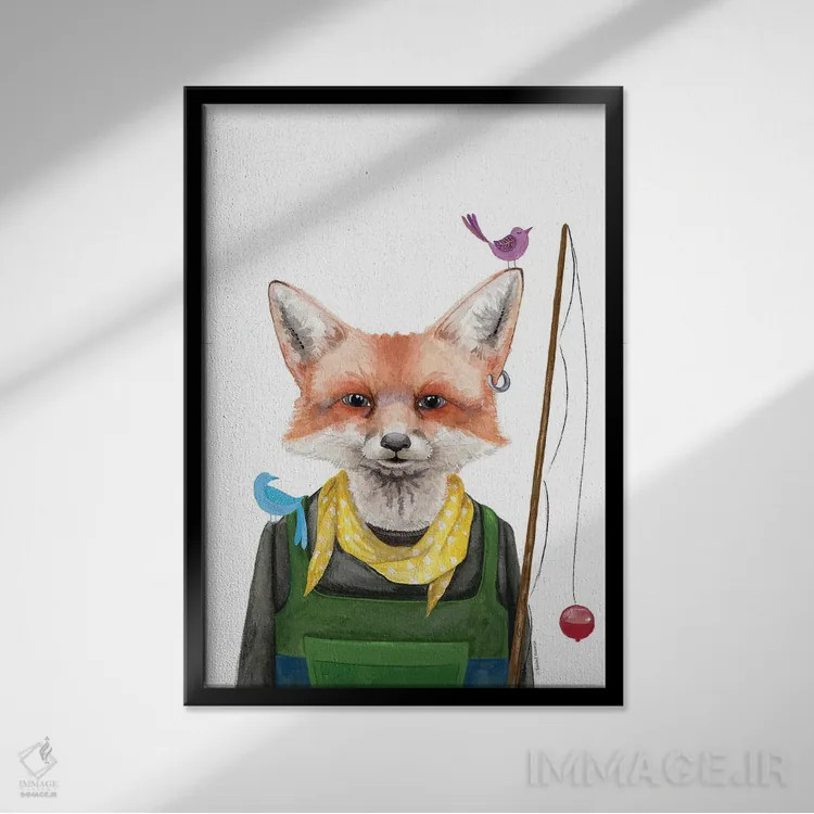 تابلو دکوراتیو روباه ماهیگیر اثر ریچل نیمان - نمای قابدار مشکی