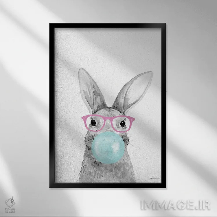 تابلو دکوراتیو خرگوش آدامس بادکنکی اثر ریچل نیمان - نمای قابدار مشکی