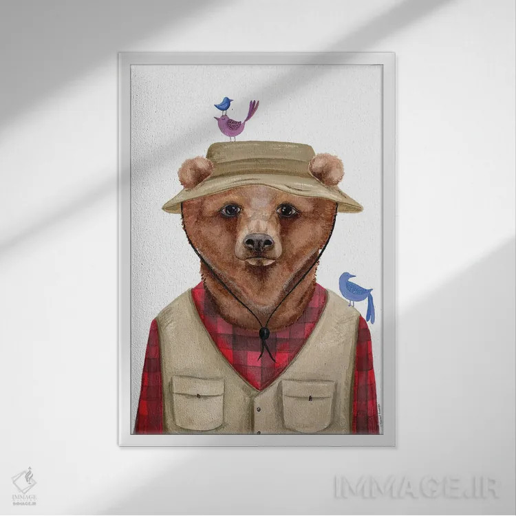 تابلو دکوراتیو خرس کمپ زننده اثر ریچل نیمان - نمای قابدار سفید