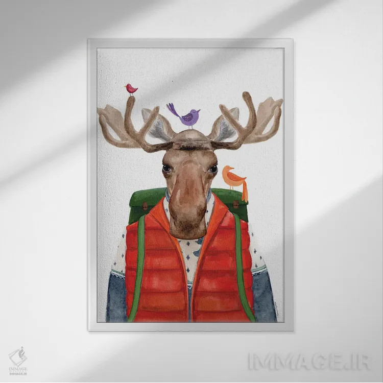 تابلو دکوراتیو گوزن کمپ زننده اثر ریچل نیمان - نمای قابدار سفید