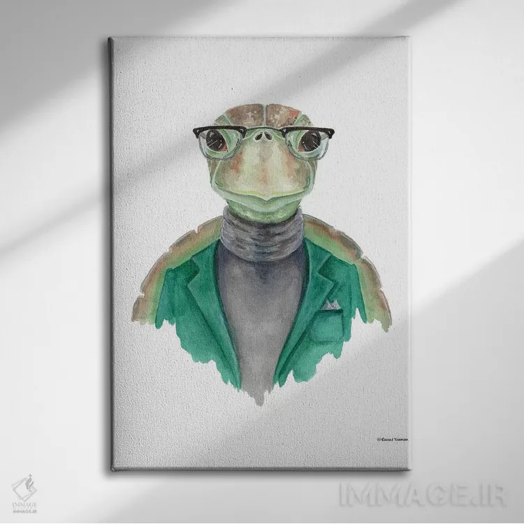 تابلو دکوراتیو لاک پشت با یقه اسکی اثر ریچل نیمان - نمای روبهرو روی دیوار