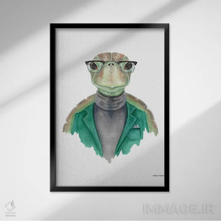 تابلو دکوراتیو لاک پشت با یقه اسکی اثر ریچل نیمان - نمای قابدار مشکی