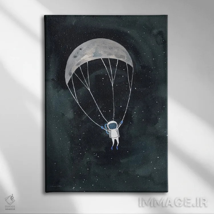 تابلو دکوراتیو ماه با چتر نجات اثر ریچل نیمان - نمای روبهرو روی دیوار