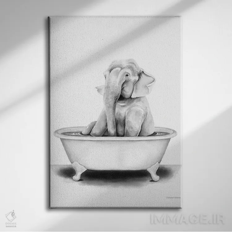 تابلو دکوراتیو فیل در وان حمام اثر ریچل نیمان - نمای روبهرو روی دیوار