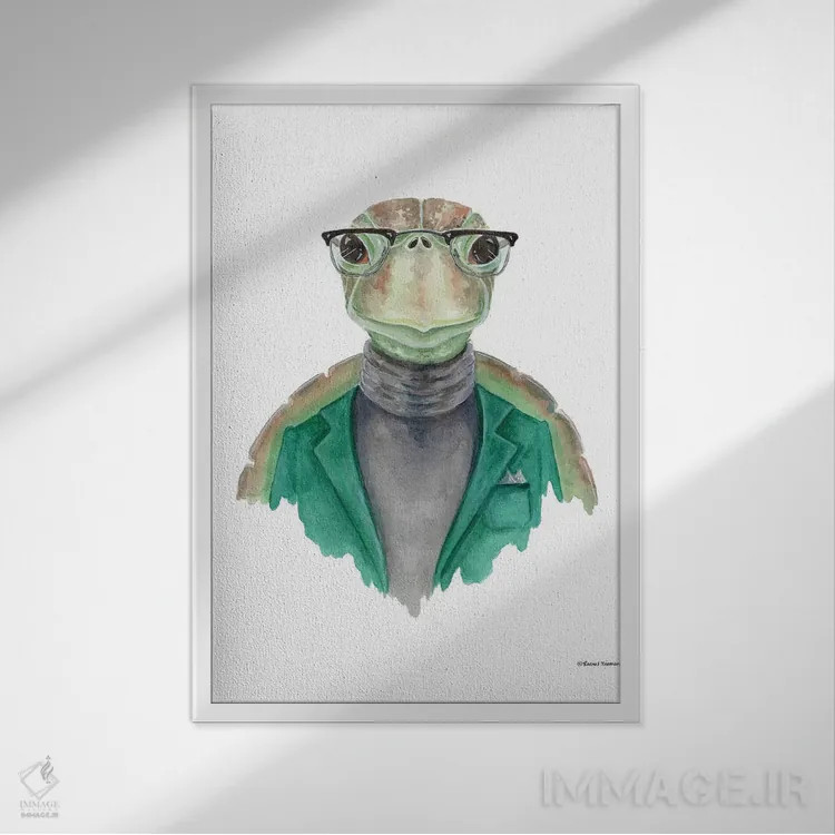 تابلو دکوراتیو لاک پشت با یقه اسکی اثر ریچل نیمان - نمای قابدار سفید