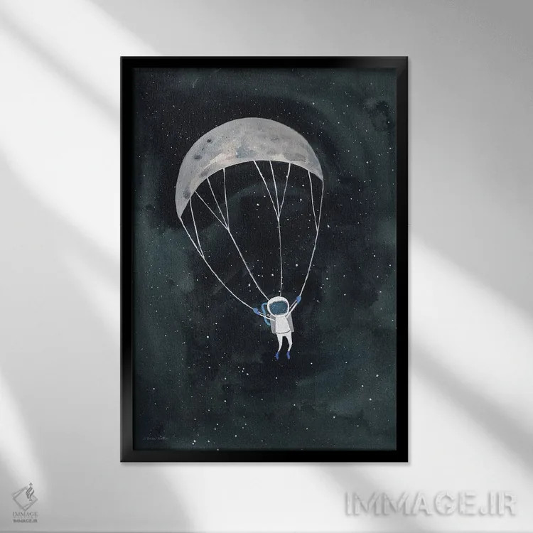 تابلو دکوراتیو ماه با چتر نجات اثر ریچل نیمان - نمای قابدار مشکی