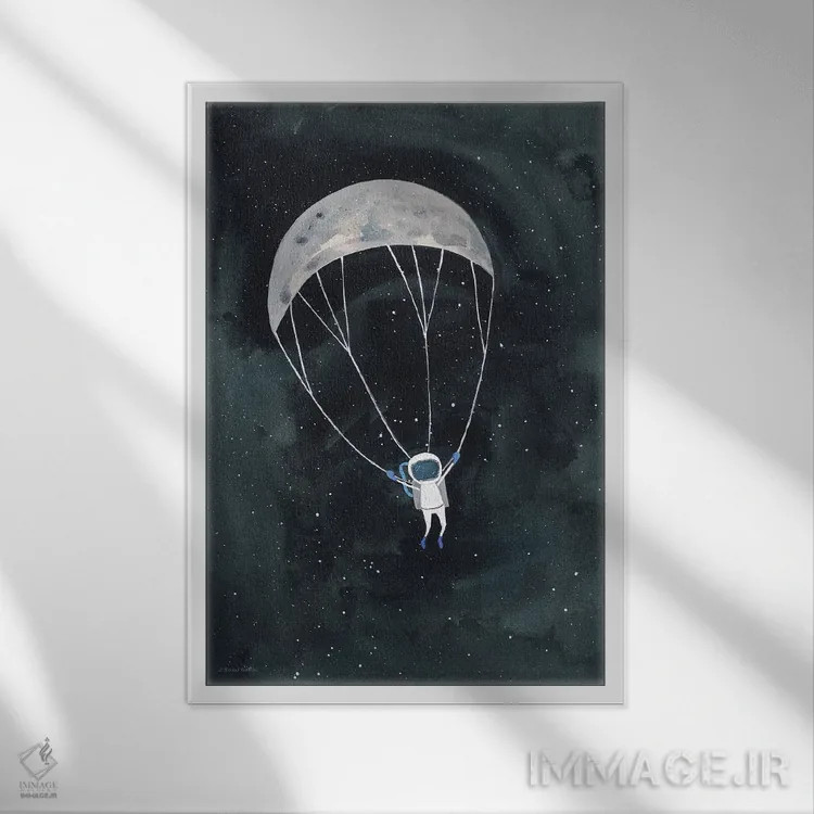 تابلو دکوراتیو ماه با چتر نجات اثر ریچل نیمان - نمای قابدار سفید
